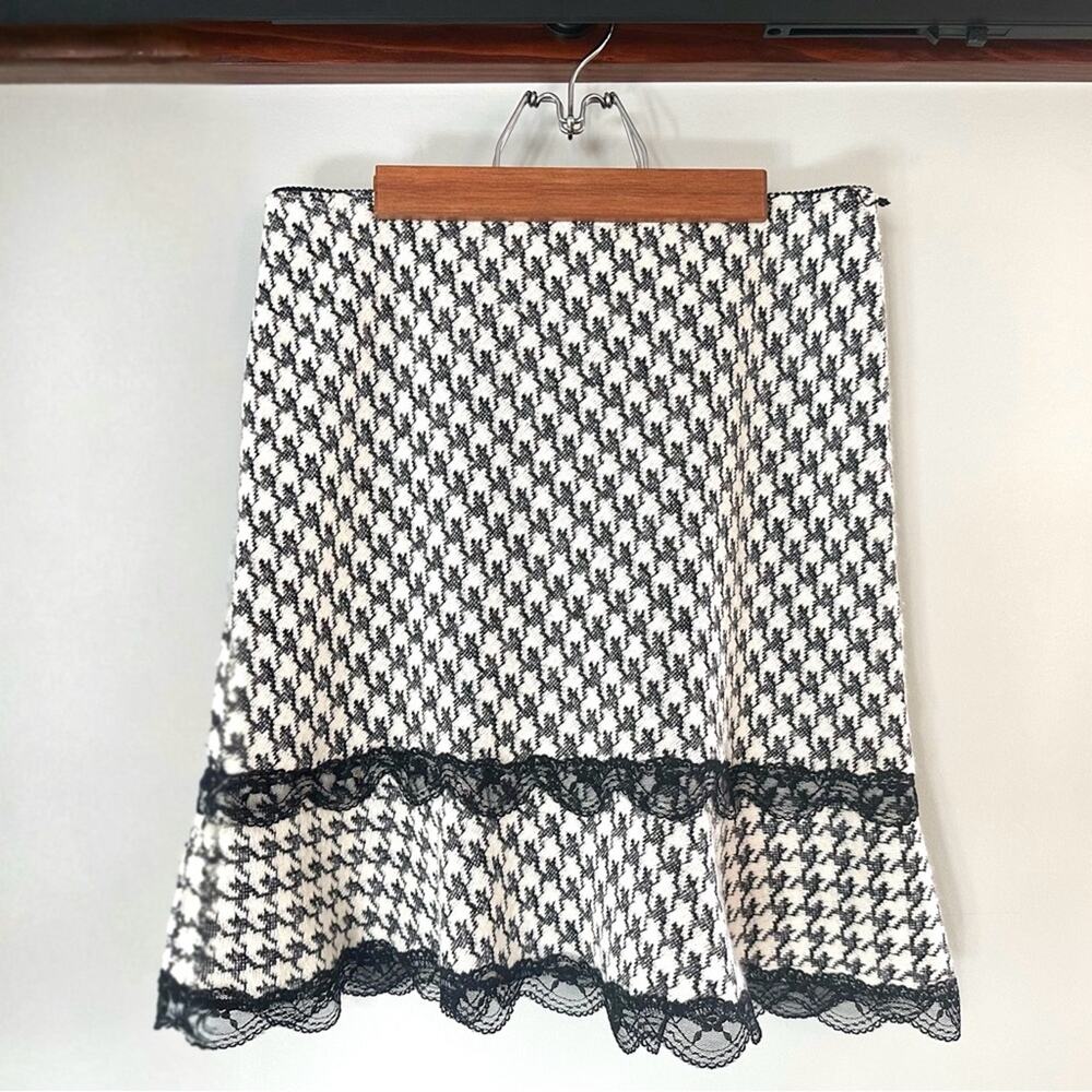 Lux Lux Lux Y2K Houndstooth Lace Trim Flare Skirt Black White M